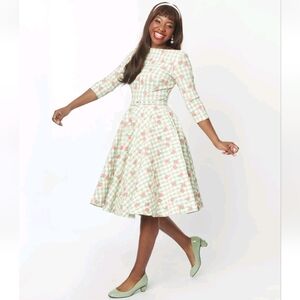 Unique Vintage Devon Dress Peaches Green Gingham Swing Dress Size M 6 8